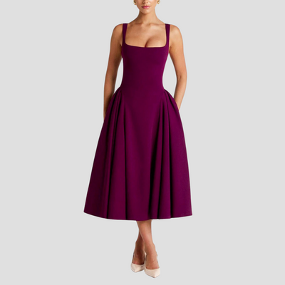 Women's Sleeveless Midi Dress with Square Neckline & Pleated Skirt