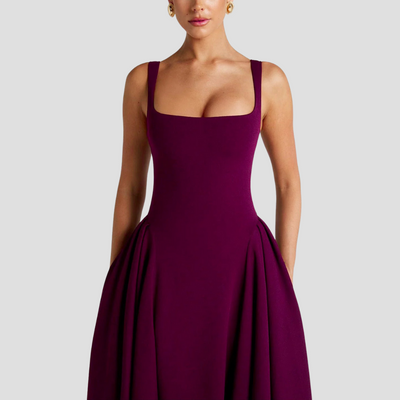 Women's Sleeveless Midi Dress with Square Neckline & Pleated Skirt