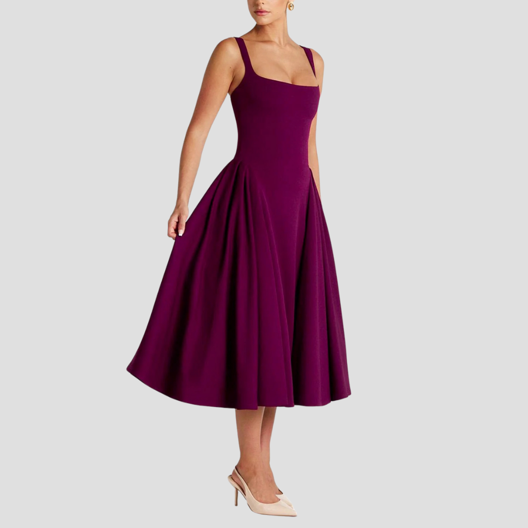 Women's Sleeveless Midi Dress with Square Neckline & Pleated Skirt