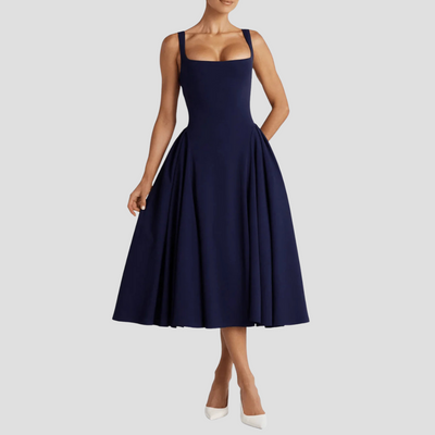 Women's Sleeveless Midi Dress with Square Neckline & Pleated Skirt