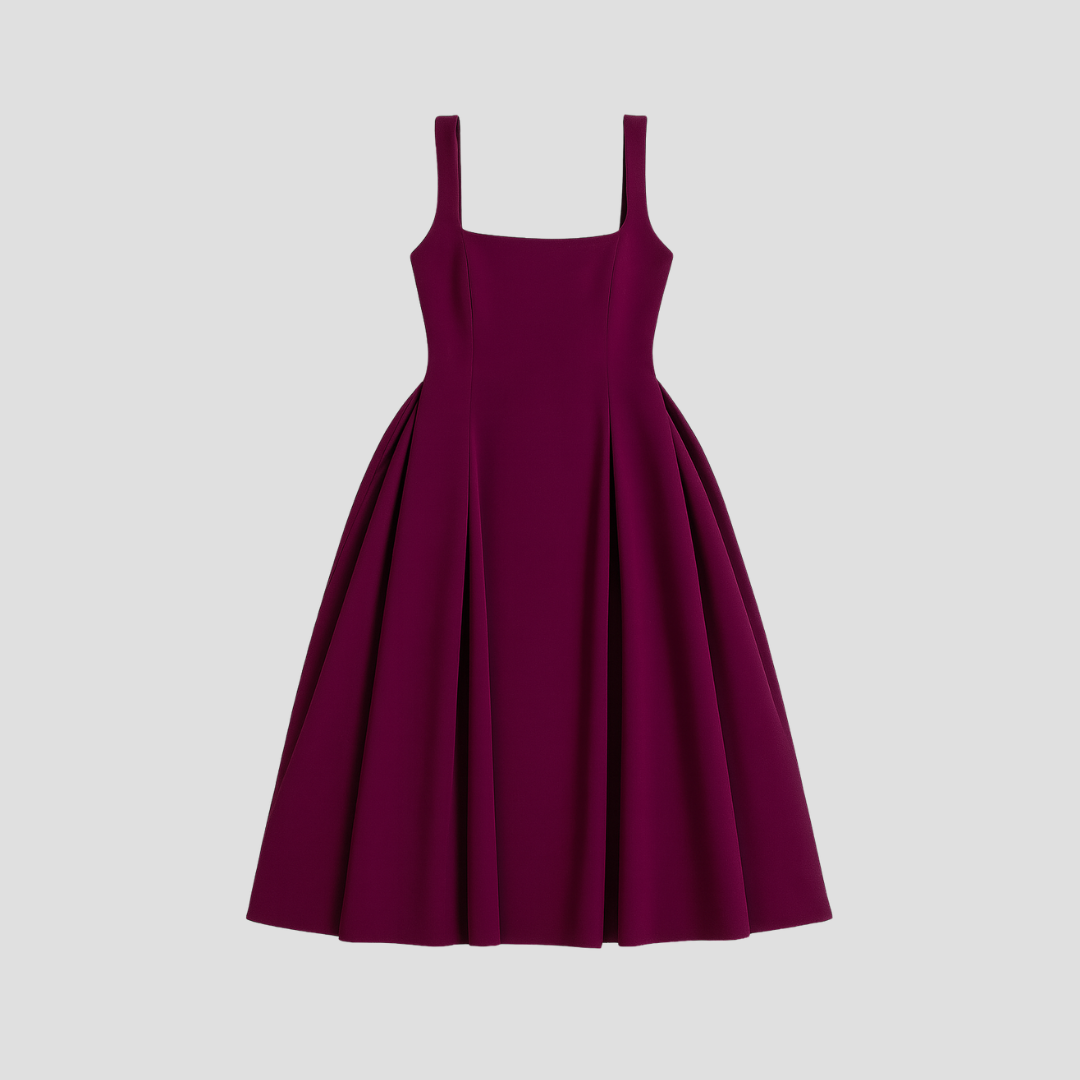 Women's Sleeveless Midi Dress with Square Neckline & Pleated Skirt