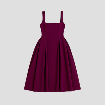 Women's Sleeveless Midi Dress with Square Neckline & Pleated Skirt