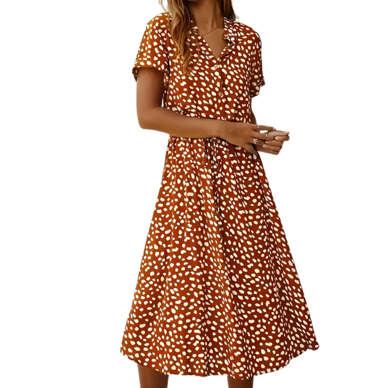 Women's Spotted Print Midi Dress with Tie Waist and V-Neckline