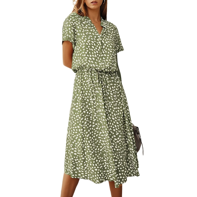Women's Spotted Print Midi Dress with Tie Waist and V-Neckline