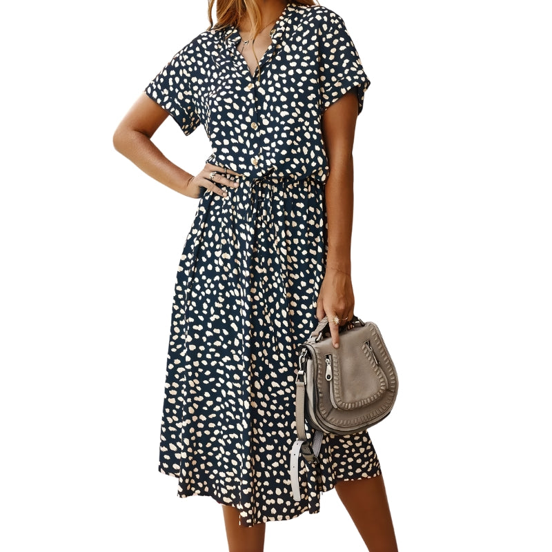 Women's Spotted Print Midi Dress with Tie Waist and V-Neckline
