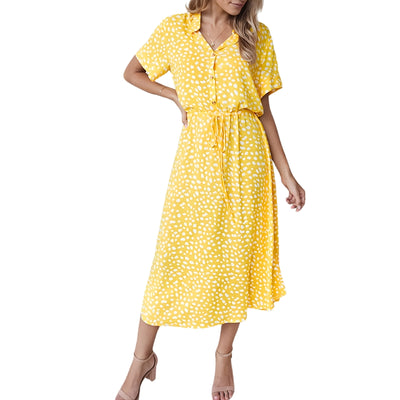 Women's Spotted Print Midi Dress with Tie Waist and V-Neckline