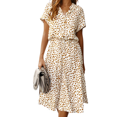 Women's Spotted Print Midi Dress with Tie Waist and V-Neckline