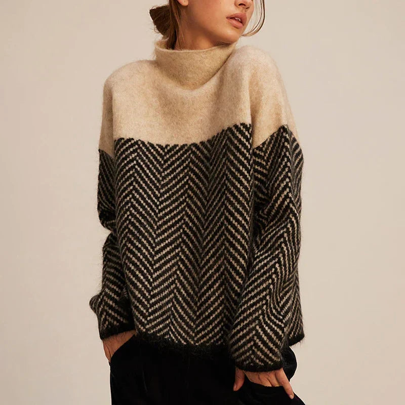 Women’s Stand Collar Knit Sweater with Herringbone Pattern