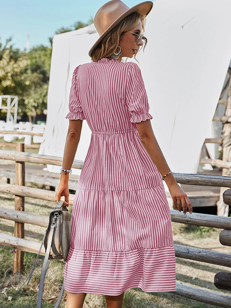 Women's Striped Button Front Midi Dress with Puff Sleeves