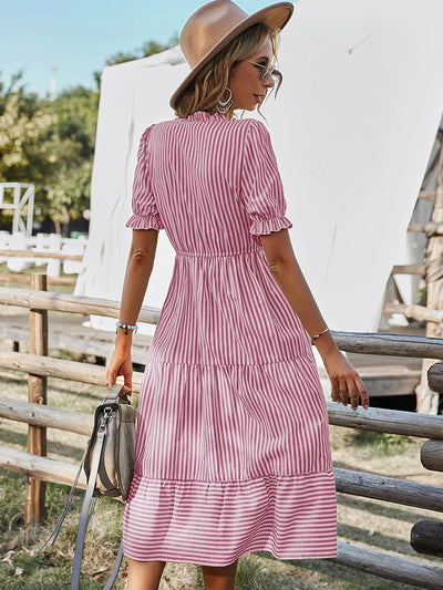 Women's Striped Button Front Midi Dress with Puff Sleeves
