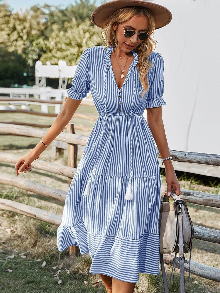 Women's Striped Button Front Midi Dress with Puff Sleeves