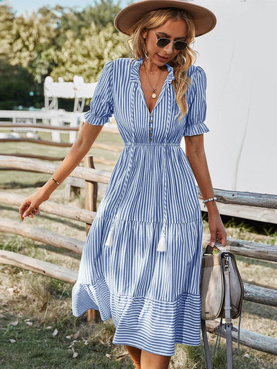Women's Striped Button Front Midi Dress with Puff Sleeves