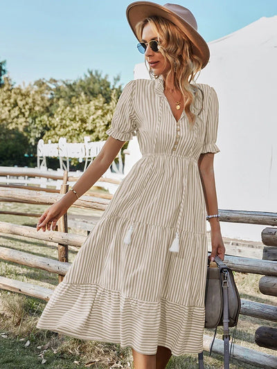 Women's Striped Button Front Midi Dress with Puff Sleeves