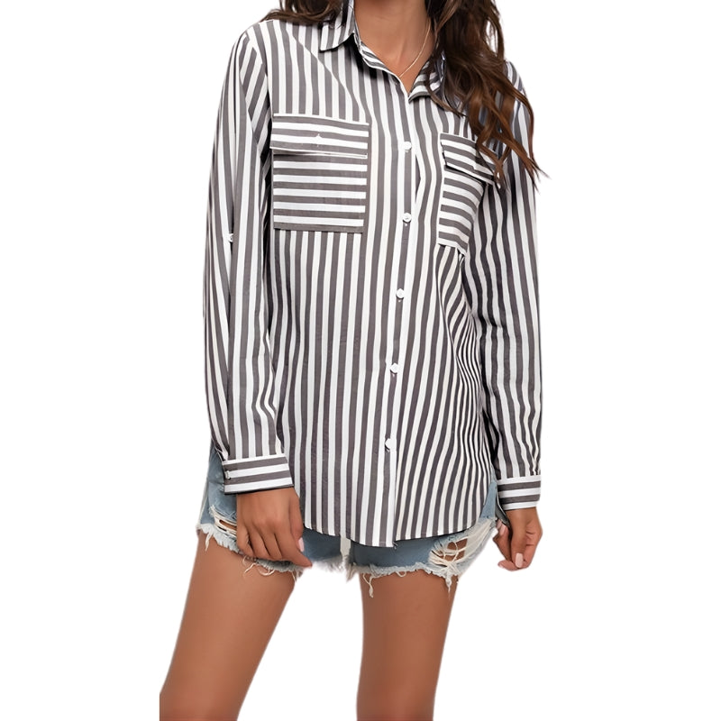 Women's Striped Button Up Shirt with Chest Pockets