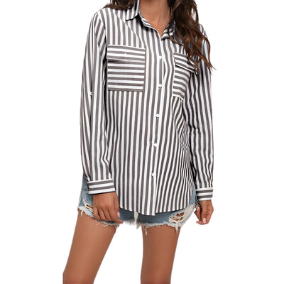 Women's Striped Button Up Shirt with Chest Pockets