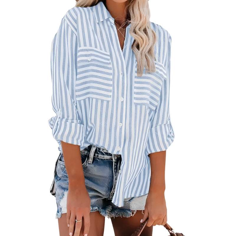 Women's Striped Button Up Shirt with Chest Pockets