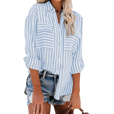 Women's Striped Button Up Shirt with Chest Pockets