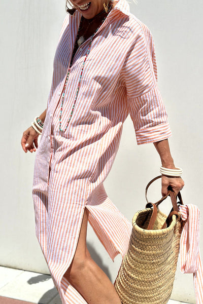 Women's Striped Midi Shirt Dress with Buttons and Roll up Sleeves