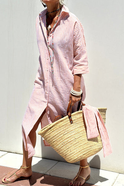 Women's Striped Midi Shirt Dress with Buttons and Roll up Sleeves