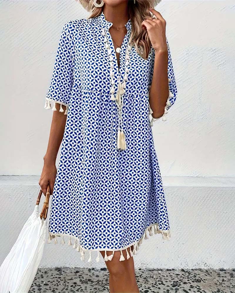 Women’s Summer Printed Mini Dress with Tassels