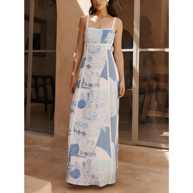 Women's Tile Print Maxi Dress with Scalloped Trim