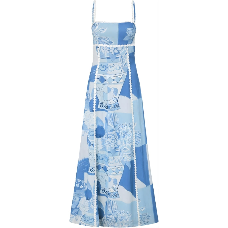 Women's Tile Print Maxi Dress with Scalloped Trim