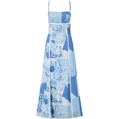 Women's Tile Print Maxi Dress with Scalloped Trim