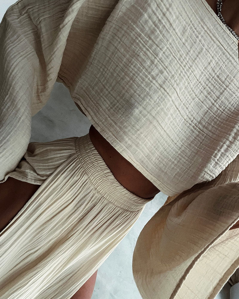 Women's Two-Piece Matching Set with Long Sleeve Crop Top and Side Slit Skirt