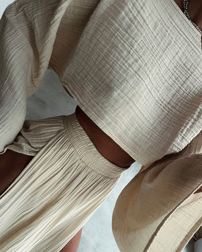 Women's Two-Piece Matching Set with Long Sleeve Crop Top and Side Slit Skirt