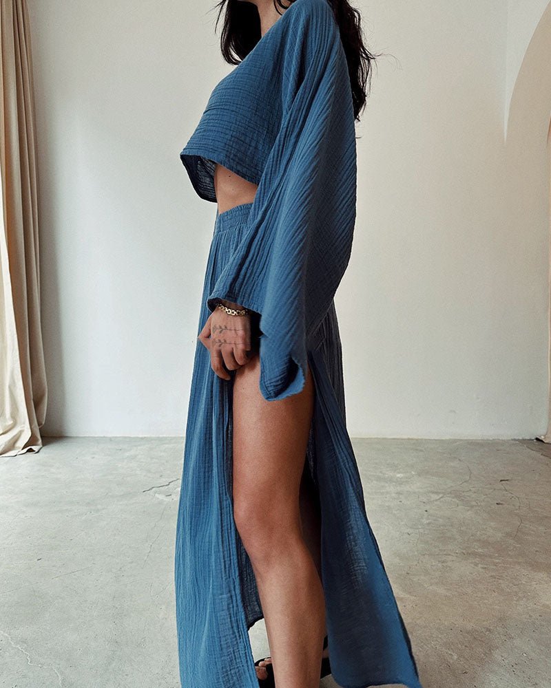 Women's Two-Piece Matching Set with Long Sleeve Crop Top and Side Slit Skirt