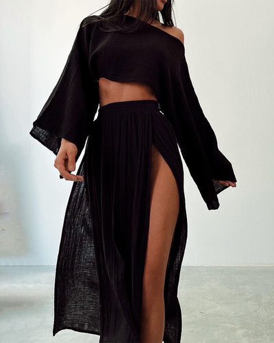 Women's Two-Piece Matching Set with Long Sleeve Crop Top and Side Slit Skirt