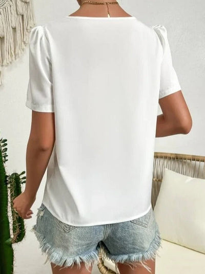 Women's V-Neck Blouse Short Sleeve Puff Shoulder