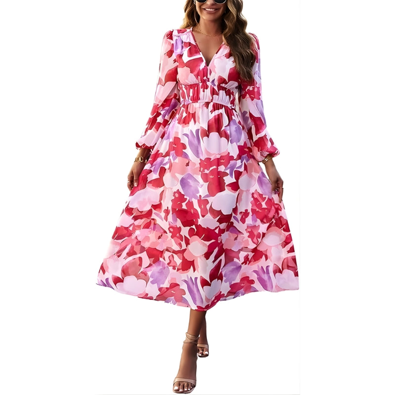 Women's V-Neck Dress with Puff Sleeves and High-Low Hem