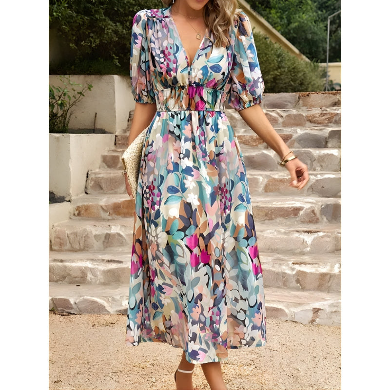 Women's V-Neck Dress with Puff Sleeves and High-Low Hem