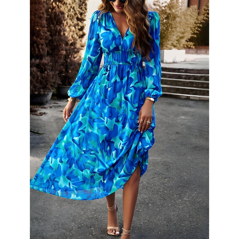 Women's V-Neck Dress with Puff Sleeves and High-Low Hem