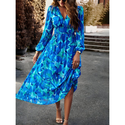 Women's V-Neck Dress with Puff Sleeves and High-Low Hem