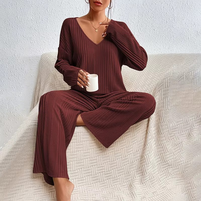 Women's V-Neck Long Sleeves and Wide Trousers Matching Set