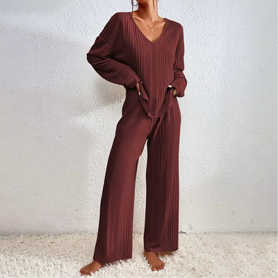 Women's V-Neck Long Sleeves and Wide Trousers Matching Set