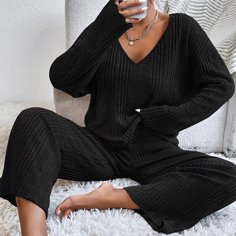 Women's V-Neck Long Sleeves and Wide Trousers Matching Set