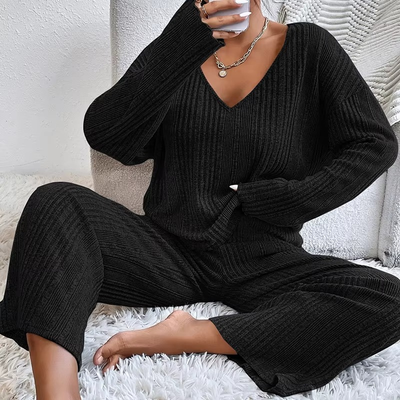 Women's V-Neck Long Sleeves and Wide Trousers Matching Set