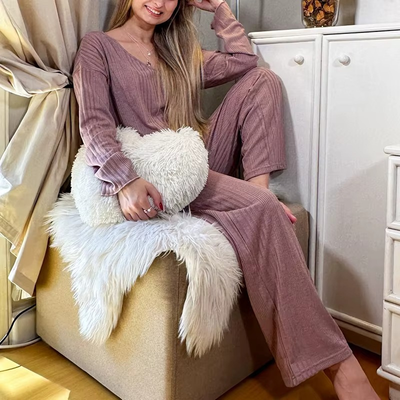 Women's V-Neck Long Sleeves and Wide Trousers Matching Set