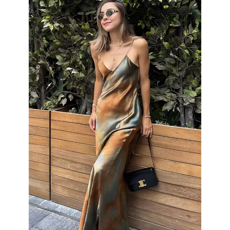 Women's V-Neck Maxi Slip Dress with Abstract Print