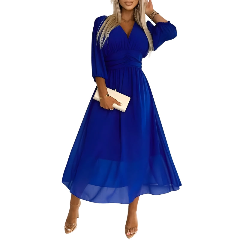 Women's V-Neck Midi Dress with Bishop Sleeves