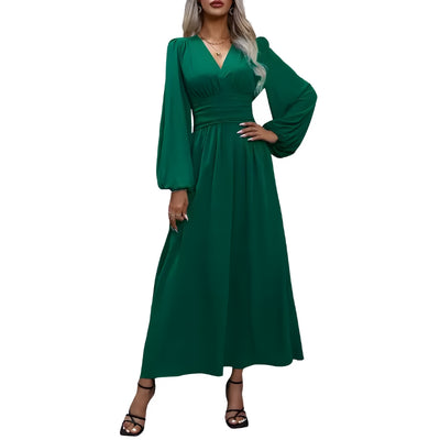 Women’s V-Neck Midi Dress with Gathered Waist