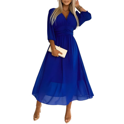 Women’s V-Neck Midi Dress with Gathered Waist