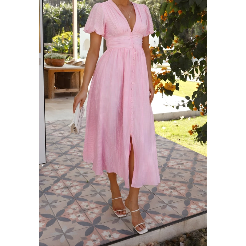 Women's V-Neck Midi Dress with Ruched Waist and Puff Sleeves