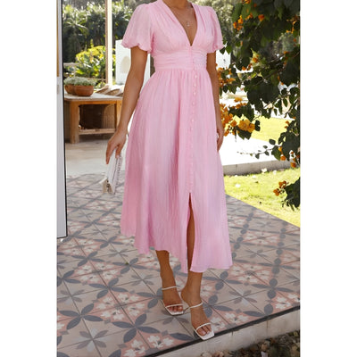 Women's V-Neck Midi Dress with Ruched Waist and Puff Sleeves