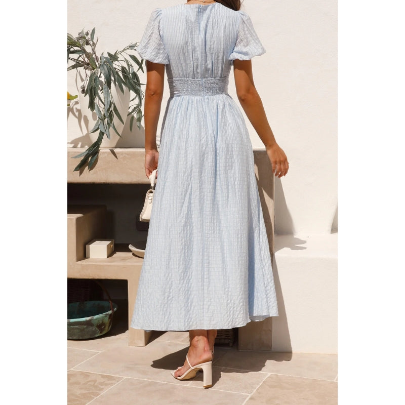 Women's V-Neck Midi Dress with Ruched Waist and Puff Sleeves