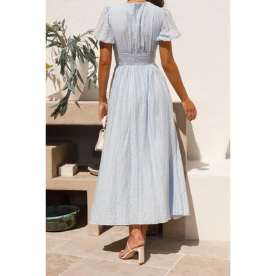 Women's V-Neck Midi Dress with Ruched Waist and Puff Sleeves