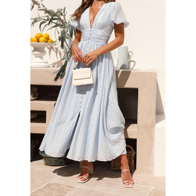 Women's V-Neck Midi Dress with Ruched Waist and Puff Sleeves